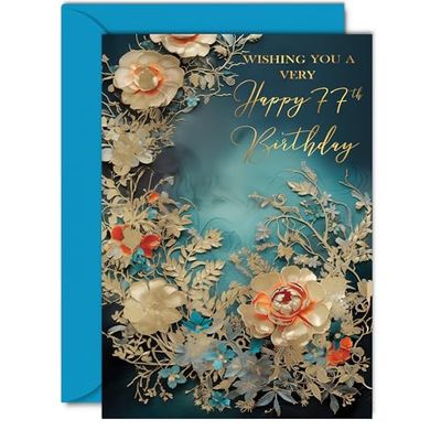 Beautiful Gold 77th Birthday Cards for Women Men - Wonderful Golden Flowers - Elegant Traditional Pretty Birthday Card for 77 Year Old Woman Man Her Him, 5x7 Inch Gorgeous Greeting Cards Gift