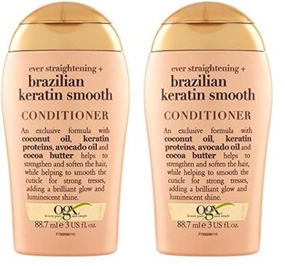 OGX-Après-Shampooing Ever-Straightening+Brazilian Keratin Smooth (flacon de 88,7 ml)-Après-shampoing lissant à la kératine brésilienne -Soin cheveux hydratant et réparateur pour des cheveux éclatants