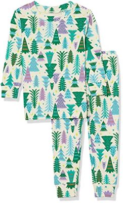 Amazon Essentials unisex småbarn tät passform bomullspyjamas nattkläder set, Ecru festligt träd, X-Small