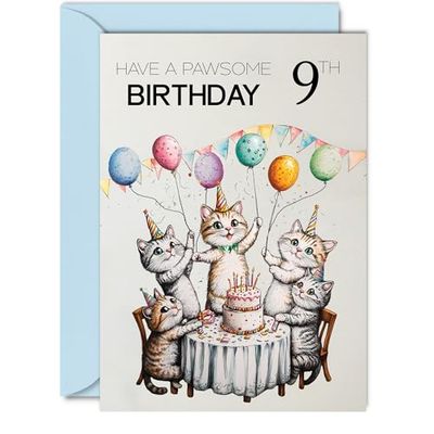 9th Birthday Card for Girls Boys - Pawsome Party Cats Balloons - Happy Birthday Cards for 9 Year Old Girl Boy, 5x7 Inch Cat Bday Greeting Cards