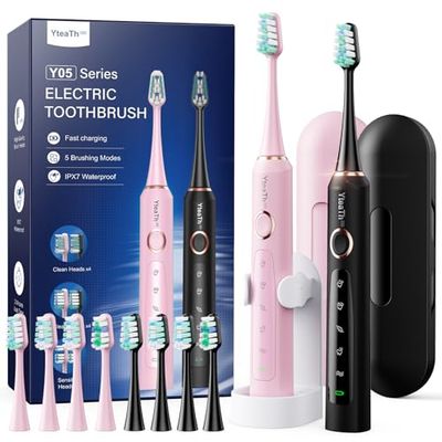 Brosse À Dent Électrique Soniques Adultes - Lot De 2 Brosse A Dent Sonique avec 10 Têtes de Brosse et Étui de Voyage, 5 Modes, Étanche IPX7, Brosse A Dent Electrique, Noir et Rose
