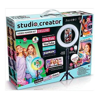 Canal Toys Studio Creator INF 003UK Video Maker Kit Deluxe, kolorowy zielony ekran LED XL, statyw 1 m, pilot, klips na pierścień do selfie + prowadnica, wielokolorowy, 45 x 8 x 36 cm