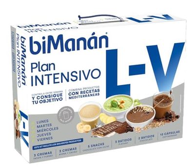 biManán - Plan Intensivo de Lunes a Viernes, Sustitutivos para el Control del Peso, Incluye Batidos, Cremas, Barritas, Cápsulas Captagrasas y una Coctelera, con Vitaminas y Minerales
