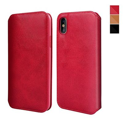 XUNDD iPhone X Case, iPhone X Leather Case Flip Folio Wallet Cover with Card Slots and Auto Sleep/Wake for Apple iPhone X/iPhone 10 (5.8") -Red