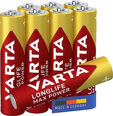Varta Pilha Longlife Max Power AAA Micro LR03 (embalagem de 8 unidades), pilhas alcalinas - "Made in Germany" - Adequado para brinquedos e aparelhos de uso quotidiano