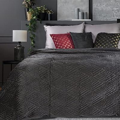 Eurofirany Deniz Bedsprei, fluweel, metalen naad, gewatteerde deken, sprei, quilt, elegant, glamour, slaapkamer, logeerkamer, lounge, zwart + goud, 220 x 240 cm