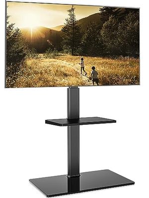 FITUEYES TV-standaard vloer voor 32-43 55 60 inch TV, 70° draaibaar & 8 hoogte verstelbaar TV-stand floor universeel met plank voor vlakke & gebogen TV enz, Max VESA 600x400mm (Zwart)