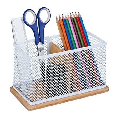 Relaxdays Pen Holder, Bamboo & Metal Mesh, Desk Organiser, Office Supplies & Make-up Brushes, 11x19x10 cm, Natural/White, Iron