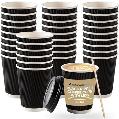 Nationwide Paper Coffee Cups with Lids, Insulated Ripple Hot Paper Cups, Disposable Cups for Takeaway Hot Drinks, Black (8oz-50 Pcs, Black)
