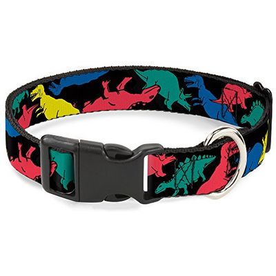 Buckle-Down Plastic Clip Collar - Dinosaurs Zwart/Multi Color - 1.5" Breed - Past 18-32" Hals - Large