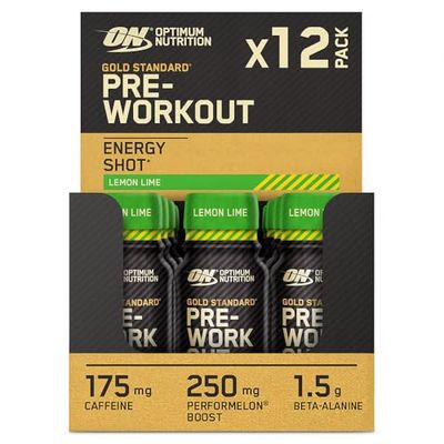 Optimum Nutrition Gold Standard Pre-Workout Energy Shot, Ready to Drink Food Supplement with Beta Alanine, Caffeine, PerforMelon Boost and Vitamin B6 and B12, Lemon Lime Flavour, 12-Pack, 12 x 60 ml