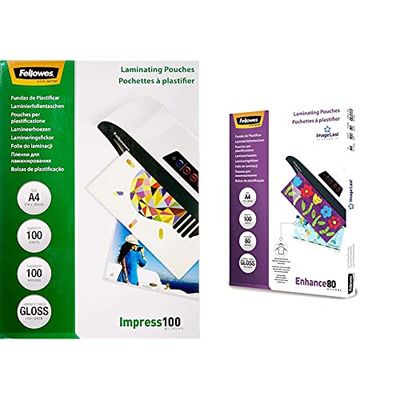 Fellowes 5351111 Pouches Lucide Impress100, Formato A4, 100 Micron & 5306114 Pouches Di Plastificazione per Documenti, Formato A4, 80 Micron, Confezione da 100 Pezzi, 125 my