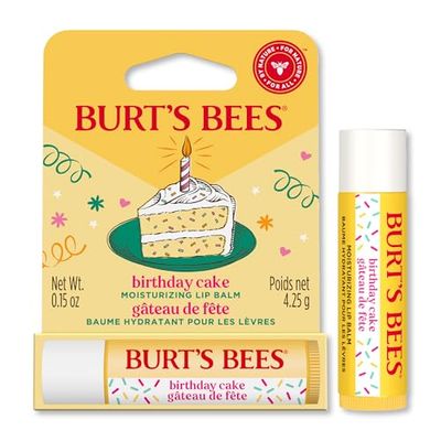 Bálsamo labial Burt's Bees aroma Tarta de Cumpleaños, Hidratante labios con cera de abeja y vitamina E, Origen 100% natural, 4,25 g