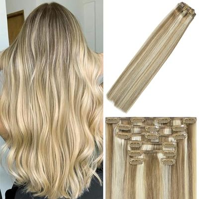 WindTouch Clip in Hair Extensions Human Hair Balayage Mixed Bleach Blonde 15Inch 70g Highlights for Blonde Remy Hair 7PCS 18P613 Gift for Women