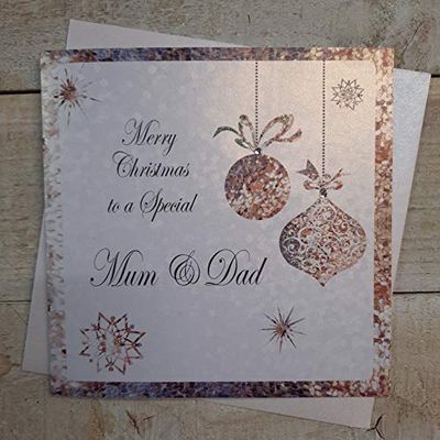 White Cotton C4-MD - Tarjeta de Navidad hecha a mano con texto "Mum & Dad"