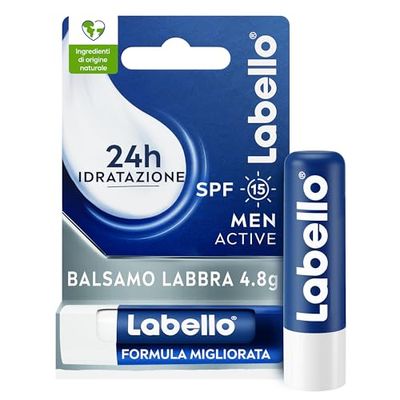 Labello Active For Men 4.8 g, Burrocacao labbra SPF15, Balsamo labbra idratante con burro di karité e oli naturali, Burrocacao protezione solare fondente sulle labbra