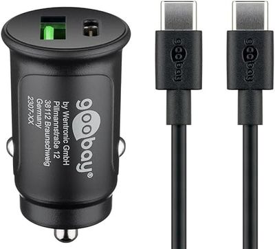 goobay 72165 Kompakt 27 W USB C-tändare Distributör/12 V/Kompakt Billaddare/USB C Power Delivery/Snabbladdning Inkluderar USB C-kabel