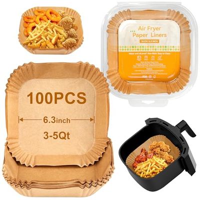 100 Pcs Papel Air Fryer Cuadrado, 16CM, BPA Free, Resistente Al Aceite y a Altas Temperaturas, Papel Freidora Aire Para Horno Microondas De 3-5L, Para COSORI Cecotec