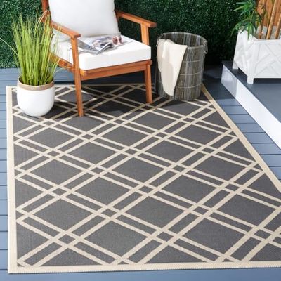 SAFAVIEH Tapis Géométrique pour Intérieur et extérieur - Imperméable à l'eau - Courtyard Collection, Tapis à poil court, Anthracite et beige, 122 X 170 cm