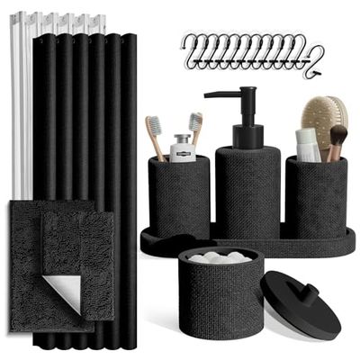 Clara Clark Ensemble de salle de bain noir – Ensemble de salle de bain avec rideau de douche et tapis, ensemble d'accessoires de salle de bain 21 pièces, ensemble de rideau de douche avec distributeur