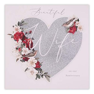 Clintons: Glitter Hart met Bloemen Vrouw Anniversary Card 186x186mm