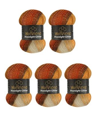 Wollbiene Moonlight Glitter Batik Simli, 5 gomitoli di lana da 100 g, 500 g, per lavorare a maglia e all'uncinetto, 20% lana metallica, lana turca, sfumata di colore (2800 marrone, terracotta, beige)