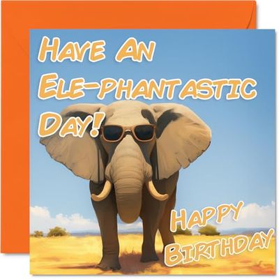 Funny Birthday Cards For Women Men - Cool Elephant Sunglasses - Happy Birthday Card for Mum Dad Brother Sister Uncle Auntie Cousin Grandad Nanny Friend 145mm x 145mm Joke Pun Greeting Cards