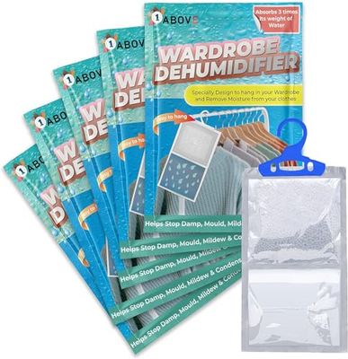 PACK OF 5 Hanging Wardrobe Dehumidifier, Condensation Remover, Moisture Absorber, Dehumidifiers for Damp, Mould, Moisture in Wardrobe, Bedroom, Caravan, Bathroom, Basement - 210 g