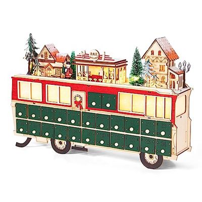 Todeco Calendrier de l'Avent en bois, 24 Tiroirs à remplir, Calendrier de l'Avent Lumineux, Forme du bus, Décoration de Noël en Bois, 43 x 8,5 x 28 cm