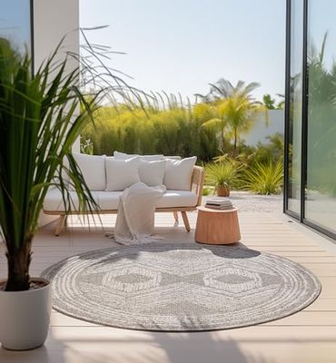 ELLE Decoration Tappeto rotondo per interni ed esterni, resistente alle intemperie e all'acqua, moderno motivo Boho Ethno, per esterni, per giardino, balcone, terrazza, soggiorno, lino, 100 cm