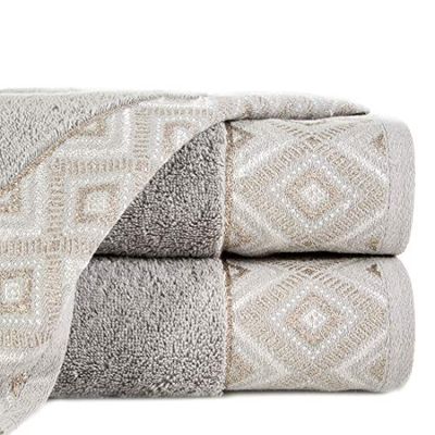 Eurofirany Hand Towel Cotton Soft 70 x 140 cm Zig-Zag Geometric Pattern Metal Stitching Glitter Border Set of 3 Oeko-Tex, Silver, 70 x 140 cm, 3