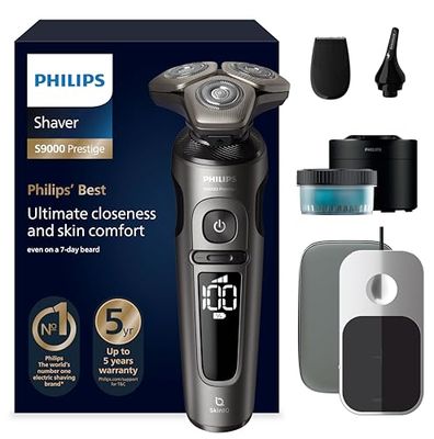Philips Shaver S9000 Prestige, rasoio elettrico Wet & Dry, Champagne Gold, tecnologia SkinIQ, astuccio qualità, pad ricarica Qi, rifinitore precisione, rifinitore per naso, custodia pulizia, SP9882/36