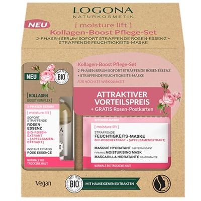 LOGONA Naturkosmetik Set per la cura del collagene Boost – Essenza rassodante di rose 2 fasi, siero e maschera idratante con estratto di rosa biologica e collagene, cura vegana per un aspetto più