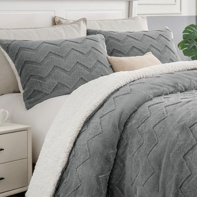 BEDELITE Set copripiumino per letto king size, morbidissimo Sherpa grigio, per letto king size, lussuoso e caldo set di biancheria da letto per l'inverno, 3 pezzi (1 piumino, 2 federe)