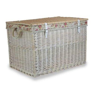 Large White Wash Storage Hamper With Garden Rose Lining Wicker Basket