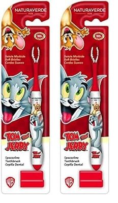 Naturaverde | Kids - Warner Bros Tom & Jerry - Spazzolino con Setole Morbide per Bambini, Spazzolino da Denti Divertente per Bimbi, Spazzolino Tom e Jerry (Confezione da 2)