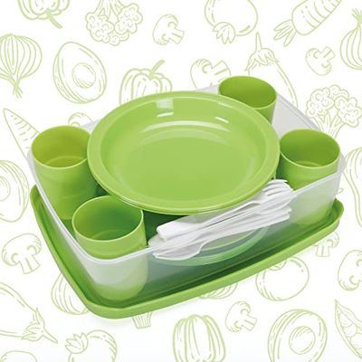 Juego de vajilla de pícnic para 4 personas, 25 piezas, reutilizable, irrompible, acampada y fiestas, 100% fabricado en Italia, 0% BPA