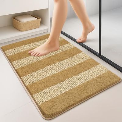 vounot® Lot de 2 Tapis de Bain Antidérapant en Chenille Microfibre Moelleux et Ultra Absorbant à Rayures Confortable Lavable en Machine pour Salle de Bain Douche Baignoire 60x90 Beige
