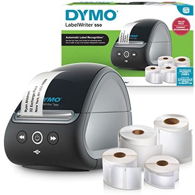 DYMO LabelWriter 550 etikettskrivare och etiketter | 1.3200 LW multifunktionella etiketter | 300 LW namnetiketter | 160 LW hållbara etiketter | Eurokontakt med två stift