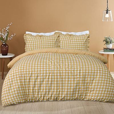 Sleepdown Gingham Check Mustard Plain Reverse Soft Easy Care Duvet Cover Quilt Bedding Set with Pillowcases - Double (200cm x 200cm)