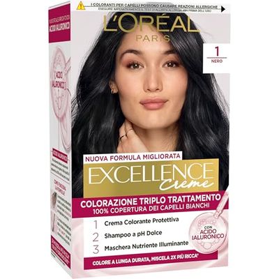 L’Oréal Paris Colorazione Triplo Trattamento Excellence, Con Acido Ialuronico, 100% Copertura Capelli Bianchi, Per Capelli Più Idratati, Nero (1)