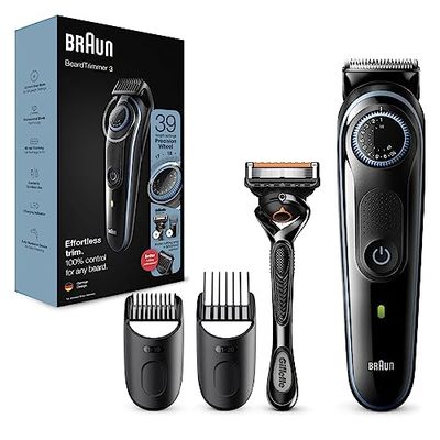 Braun Beard Trimmer Series 3 & Hair Clippers with Gillette Fusion5 ProGlide Razor, 39 Length Settings, UK 2 Pin Plug, BT3240, Black/Blue