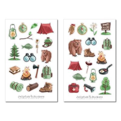 Set di adesivi per il campeggio - adesivo per diario, adesivo per planner, adesivo montagne, adesivo natura, piante, escursioni, natura selvaggia, vacanze, viaggi, campeggio