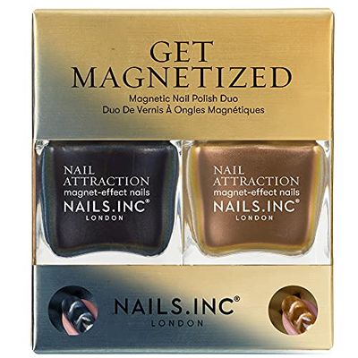 Nails Inc Get Magnetized Nail Polish Duo, Cat Eyes For Nail Art, Glitter, Black & Gold Shimmer Shades, Long Lasting, Quick Drying, Vegan, 2 Piece Set