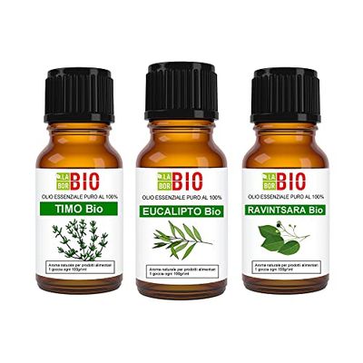 Set Benessere 3 oli essenziali Eucalipto - Timo - Ravintsara 100% Puri Naturali Biologici certificati uso interno - Diffusori Umidificatori Nebulizzatori Aromaterapia - Laborbio