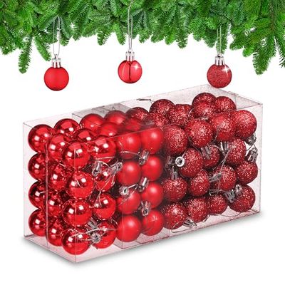Relaxdays kerstballen set van 96, ballen mat, glanzend en met glitters, kunststof, 3 cm, kerstboomversiering, rood