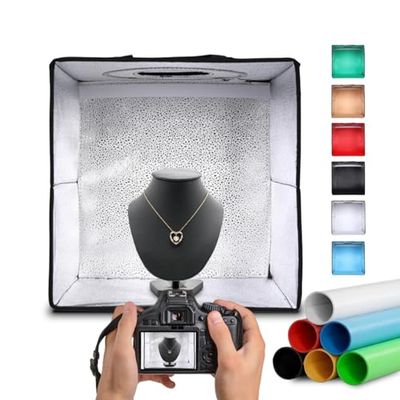 NK Scatola Box Fotografico (30x30cm) - 3 temperature di luce LED, Luminosità Regolabile x10, RA90, Piccoli Prodotti Gioielli, Maniglia per il Trasporto (6 Sfondi Colorati)