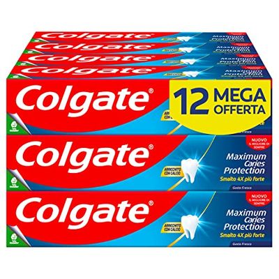 Colgate Tandkräm Maximum Caries Protection 12 förpackningar om 75 ml | överlägsen karies-teknik***| Starkare 4x emalj | fluortandkräm med arginin | utmärkt mintsmak