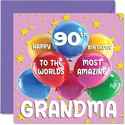 90th Grandma Birthday Card - World's Most Amazing Grandma - Happy 90th Birthday Card from Granddaughter Grandson, 145mm Age 90 Greeting Cards for Granny