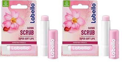 LABELLO Stick lèvres gommage hydratant (1 x 5,5 ml), exfoliant lèvres aux particules de sucre, soin lèvres nourrissant à l'huile d'églantier & à la vitamine E (Lot de 2)